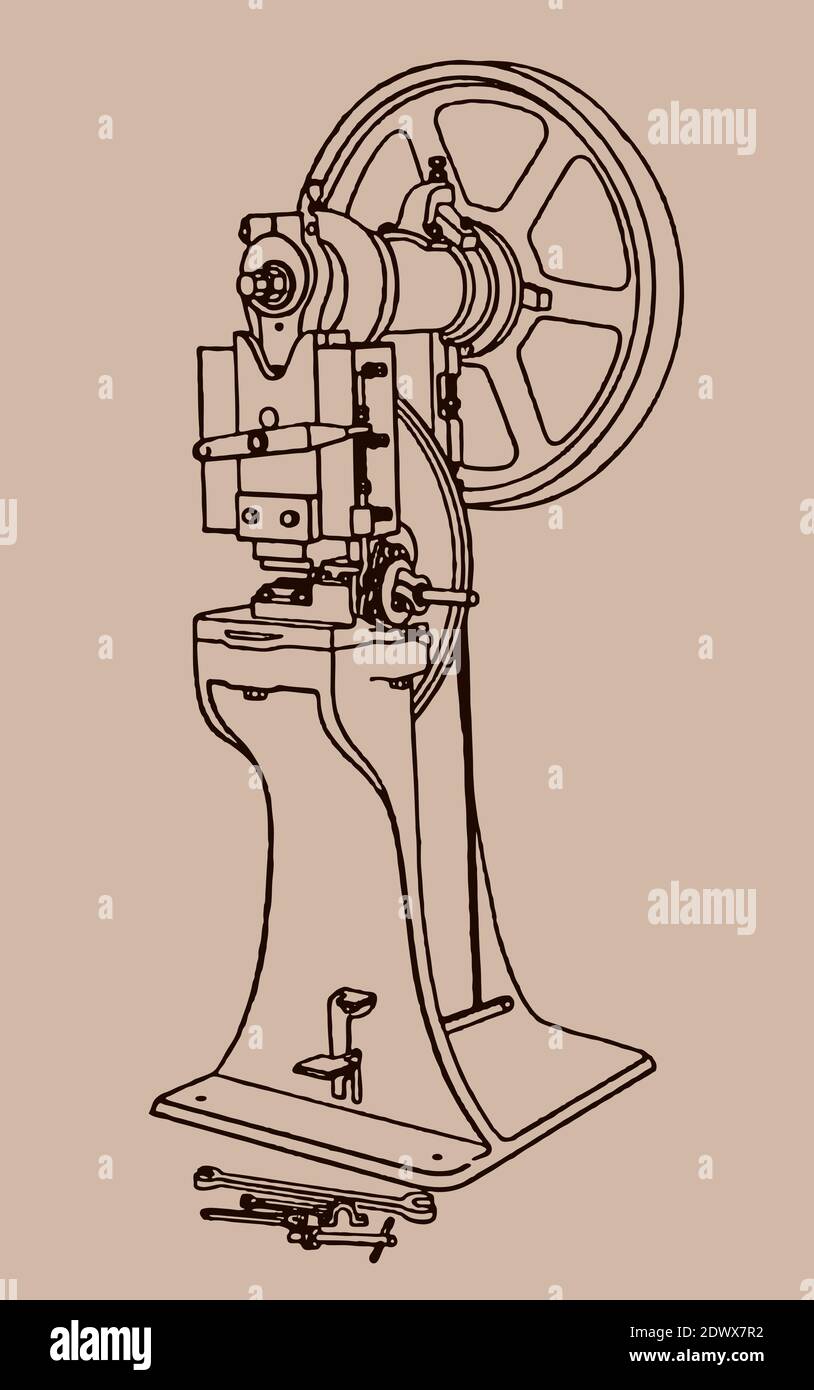 Antike schwere Drop-Presse in drei Viertel Ansicht isoliert auf einem braunen Hintergrund, nach einer Skizze aus dem 19. Jahrhundert Stock Vektor