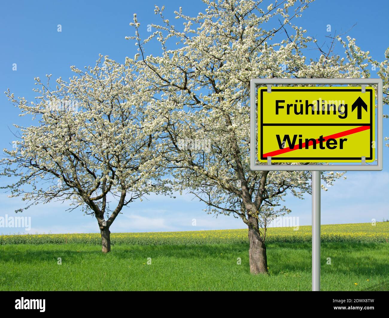 Straßenschild, 'Ende des Winters und Frühling', Übersetzung 'Winter und Frühling' Stockfoto