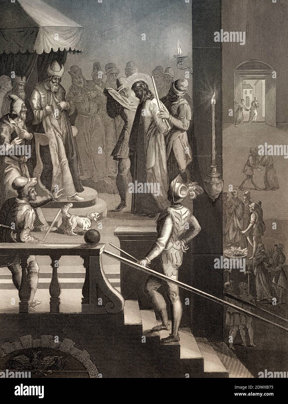 Jesus vor Kaiphas, Peters dritte Leugnung, Neues Testament, Stahlstich 1853, digital restauriert Stockfoto
