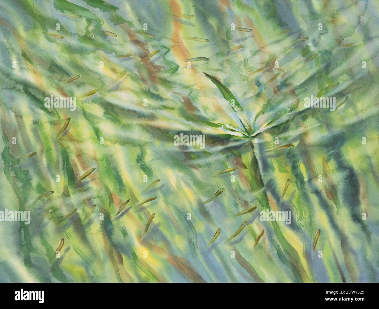 Sonniges grünes Wasser mit transparenten Wellen Aquarell Hintergrund Stockfoto