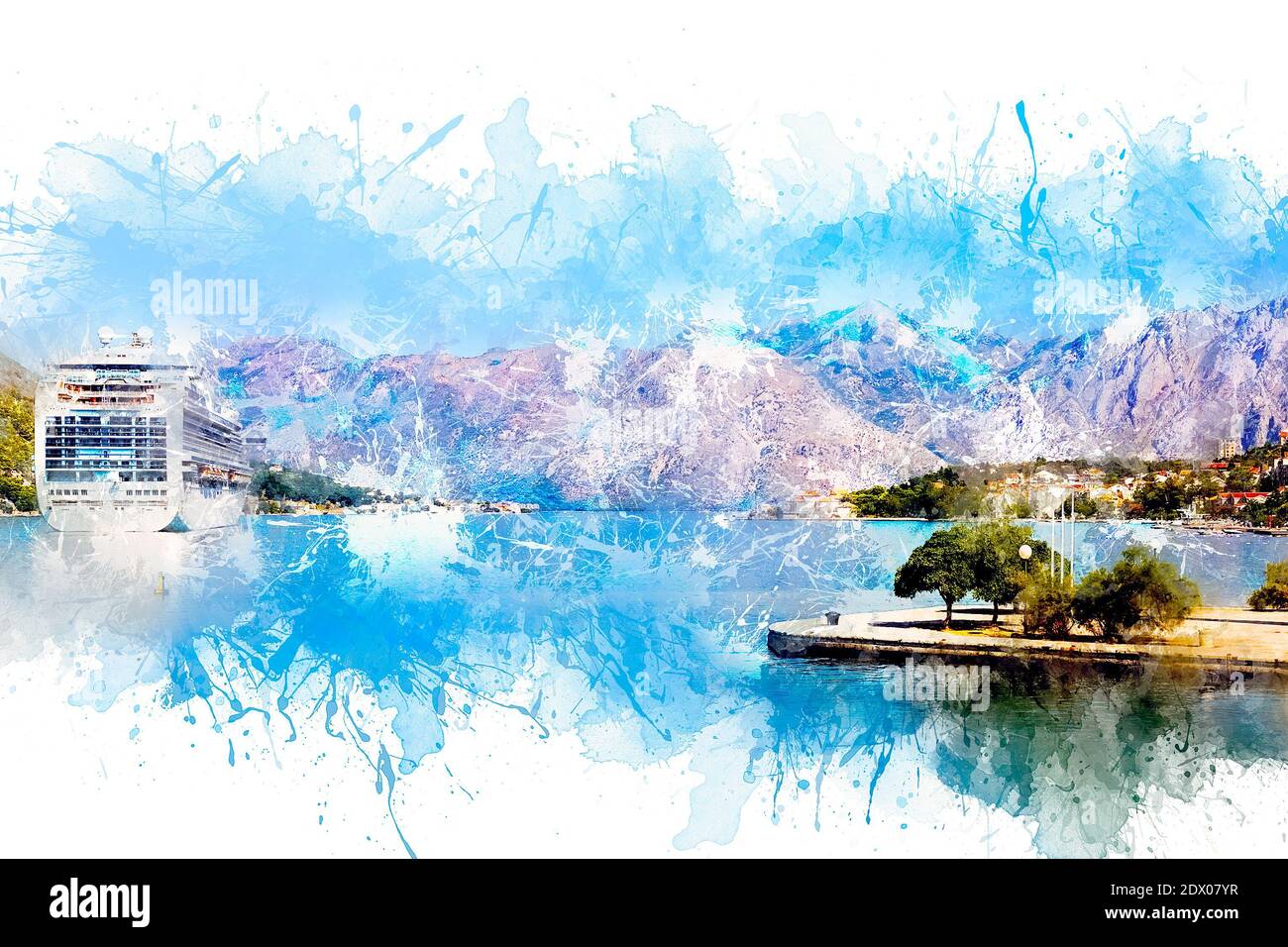 Aquarellzeichnung. Malerische Panoramablick auf die historische Stadt Kotor an der Küste, von denen es ein Linienflugzeug in der Bucht von Kotor unter befindet Stockfoto