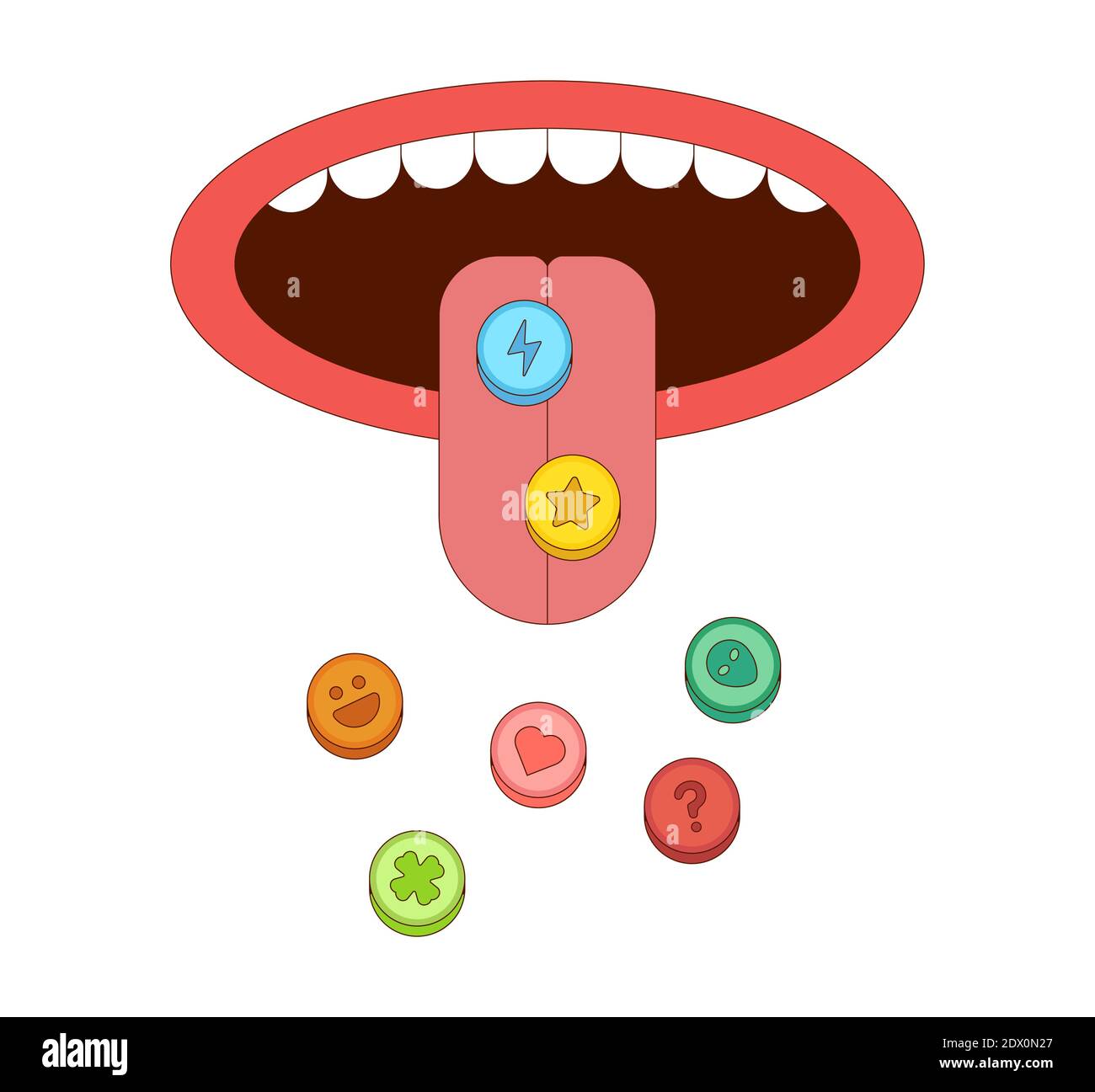Zunge mit Ecstasy Pillen Vektor-Illustration in Cartoon-Stil. Drogenmissbrauch sucht Konzept Stock Vektor