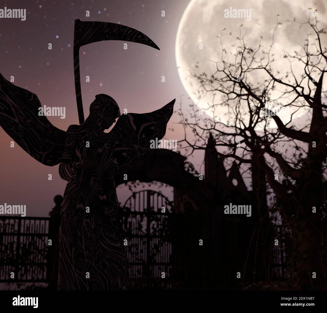 Engel des Todes vor einem Tor - Spooky Nachthintergrund mit Mond - 3d-Rendering Stockfoto