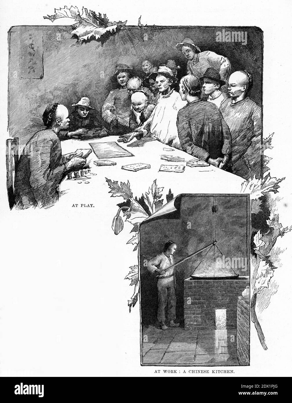 Gravur von chinesischen Männern (oben) im Spiel mit Mahjong, und bei der Arbeit in der Küche, um 1890 Stockfoto