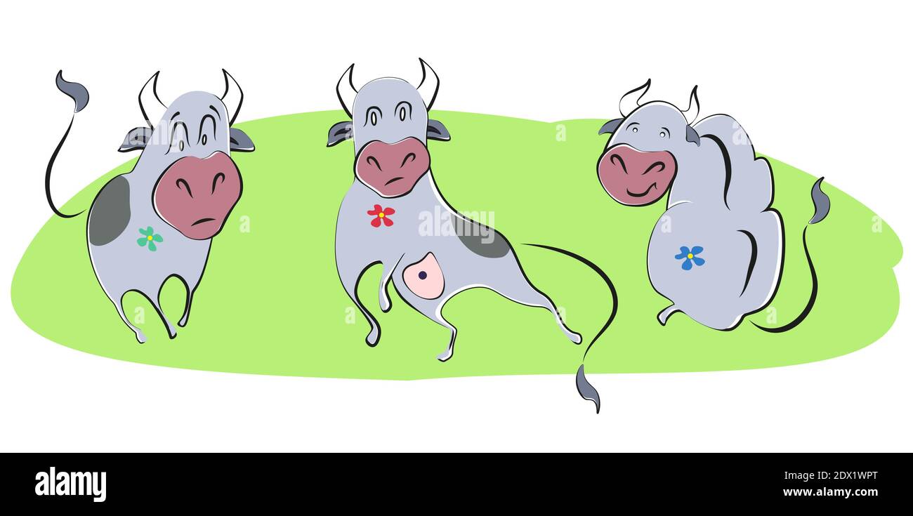 Sammlung von komischen Cartoon Stiere mit Blumen auf einem grünen Rasen Hintergrund. Kawaii-Set für das neue Jahr 2021. EPS10 Vektorgrafik. Stock Vektor