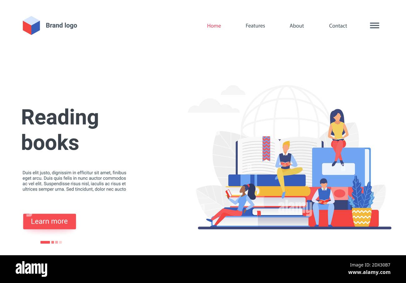Cartoon Wohnung Student Gruppe von Zeichen lesen, junge Leser studieren, sitzen auf Stapel von Büchern in der Universität oder Schulbibliothek. Landing Page Website Design, lesen Menschen Bücher Vektor Illustration Stock Vektor
