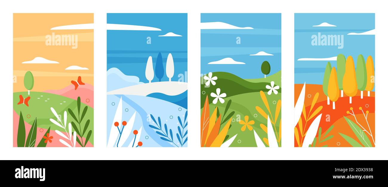 Minimalistische Natur Saison Vektor Illustration Set. Abstrakte Naturlandschaft in vertikalen Banner-Kollektion, Sommer Winter Frühling Herbst Hügel mit bunten Pflanzen, Blumen und Blättern, Himmel mit Wolken Stock Vektor