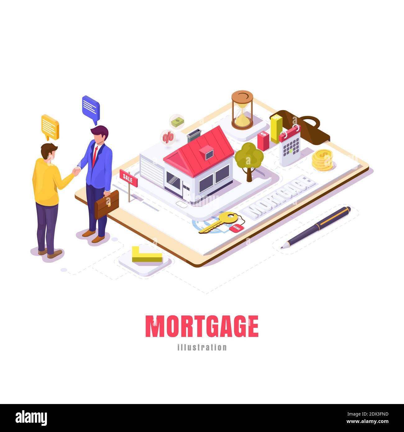 Mortgage in isometrisch, junger Mann verhandelt ein Hypothekenhaus mit makler, Vektor-Illustration Stockfoto