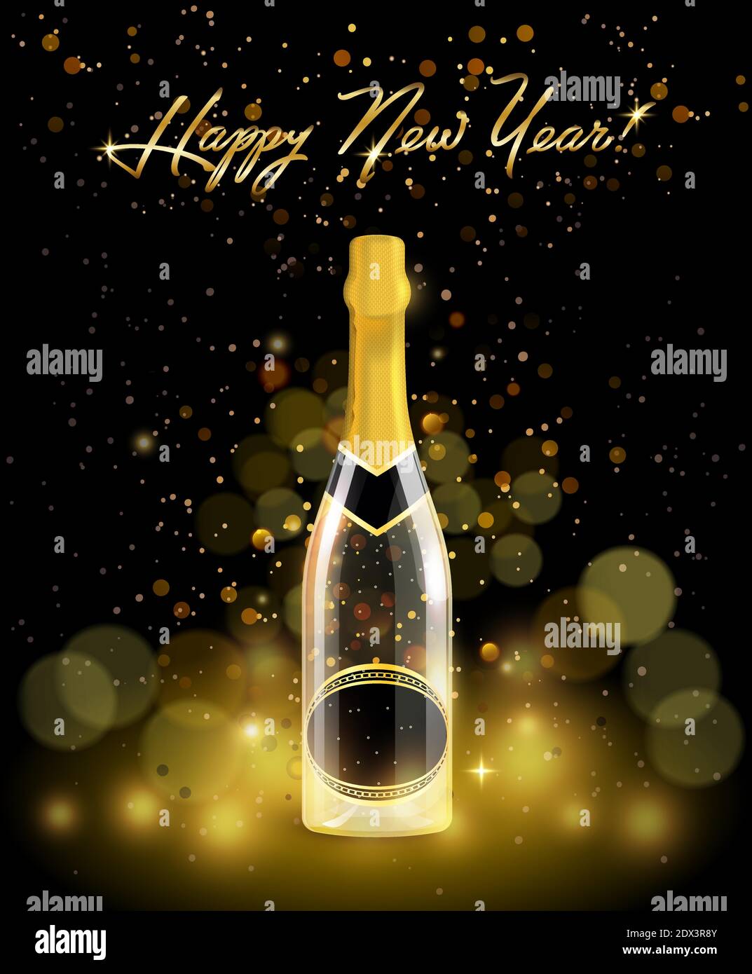 Sekt Flasche Champagner mit goldenen Serpentinen auf schwarzem Hintergrund, Bokeh-Effekt mit glücklichen Neujahr Zeichen Stock Vektor
