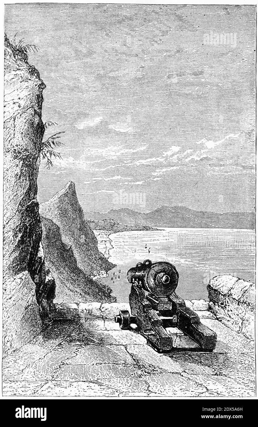 Gravur von Kanonen an der Mediterranean Battery mit Blick auf die Catalan Bay bei Gibraltar, um 1880 Stockfoto
