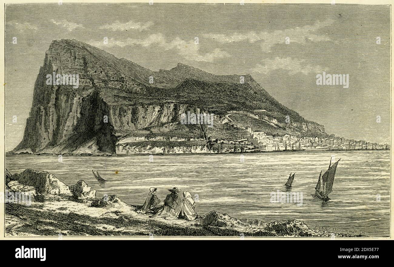 Kupferstich von Gibraltar aus dem Nordwesten, um 1880 Stockfoto