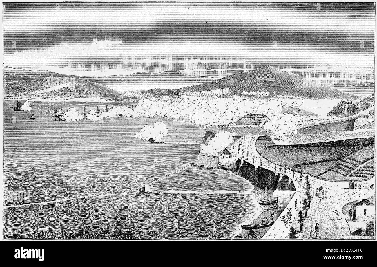 Gravur des großen Angriffs auf Gibraltar, 13. September 1782, nach einer Zeichnung von Leutnant Sandby des Regiments 12. Die Angriffe der französischen und spanischen Streitkräfte versagten, die Briten trotz mehrerer Versuche von 1779 bis 1783 zu verdrängen. Stockfoto