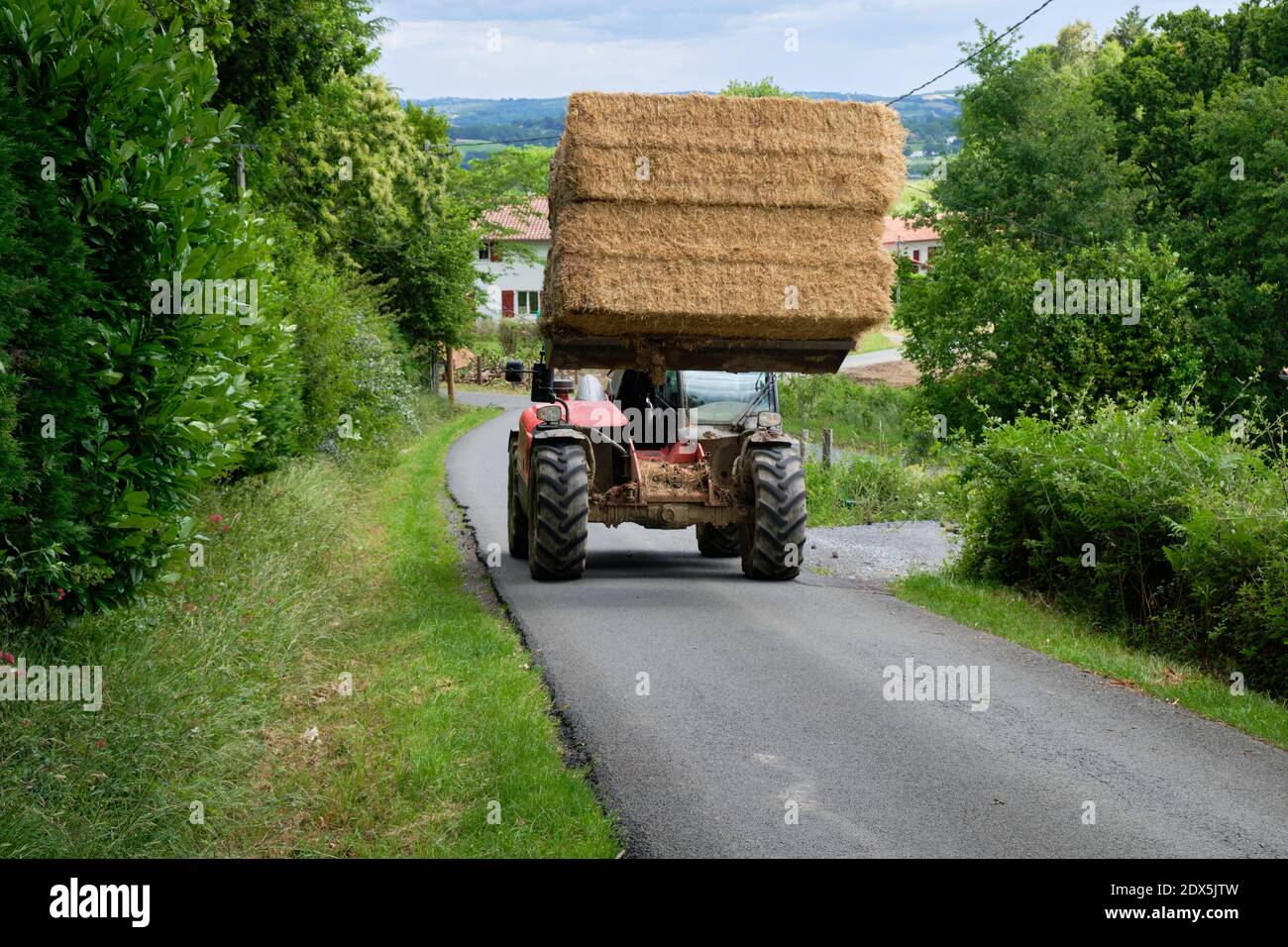 Traktor auf kleiner Landstraße mit großer Ladung Heuballen. Stockfoto