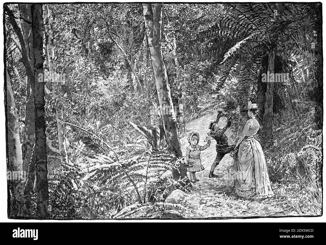 Gravur einer Familie auf einem Ausflug in den Stadtgürtel, Dunedin, Neuseeland, um 1890. Stockfoto