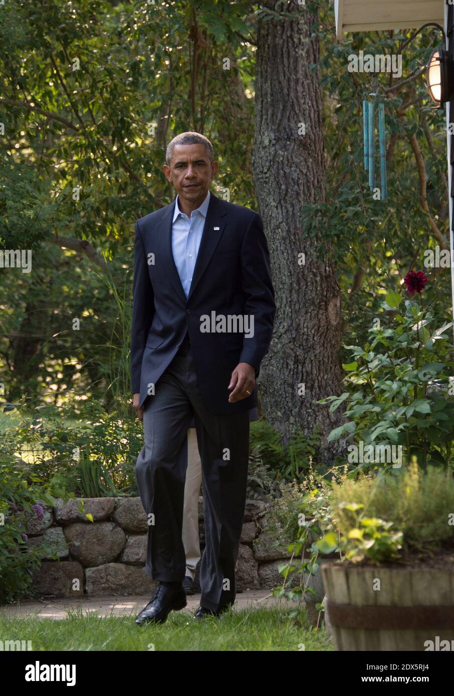 Präsident Barack Obama, der während seines Urlaubs in Chilmark, Martha's Vineyard, MA, USA, am 11. August 2014 eine Erklärung zum Irak abgegeben hat. Foto von Rick Friedman/Pool/ABACAPRESS.COM Stockfoto