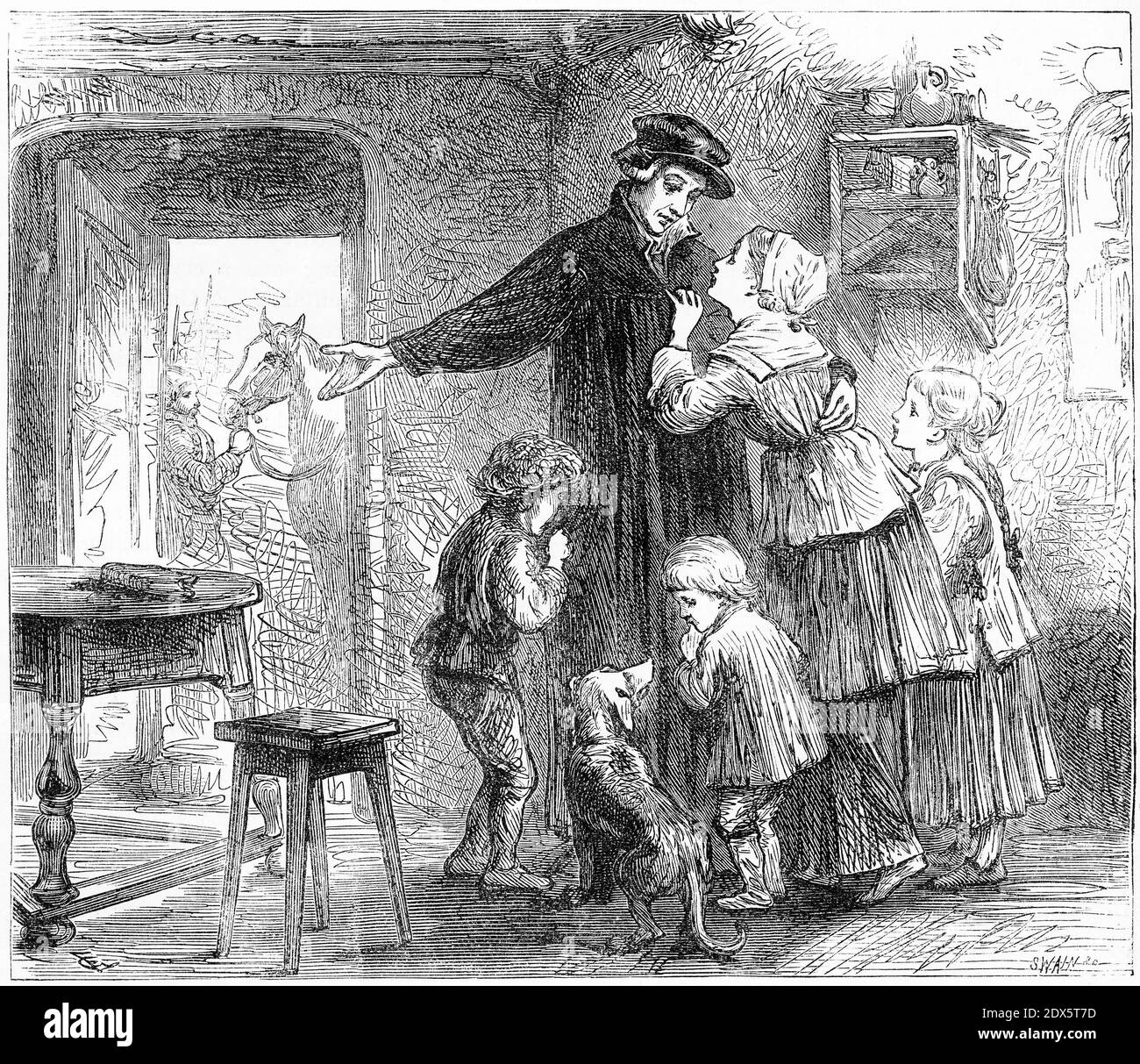 Gravur von Ulrich Zwingli, der seine Familie in den Krieg bei Kappel mit den fünf Staaten im Jahr 1531 zu gehen. Er starb im Kampf. Illustration aus "die Geschichte des Protestantismus" von James Aitken Wylie (1808-1890), Pub. 1878 Stockfoto