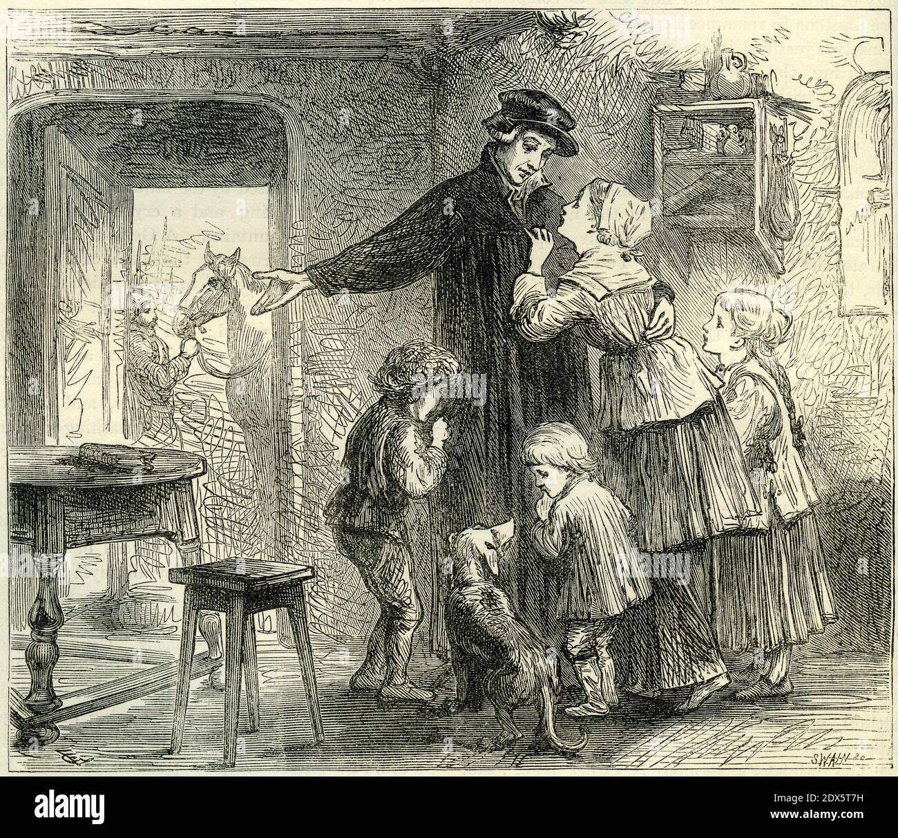 Gravur von Ulrich Zwingli, der seine Familie in den Krieg bei Kappel mit den fünf Staaten im Jahr 1531 zu gehen. Er starb im Kampf. Illustration aus "die Geschichte des Protestantismus" von James Aitken Wylie (1808-1890), Pub. 1878 Stockfoto