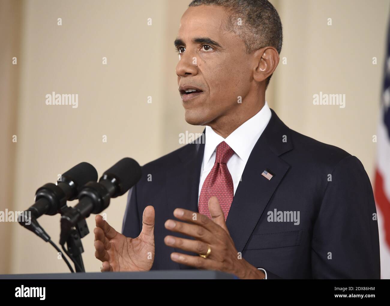 US-Präsident Barack Obama spricht während einer Ansprache vor der Nation aus der Cross Hall des Weißen Hauses in Washington, DC, USA, 10. September 2014. Foto von Saul Loeb/Pool/ABACAPRESS.COM Stockfoto