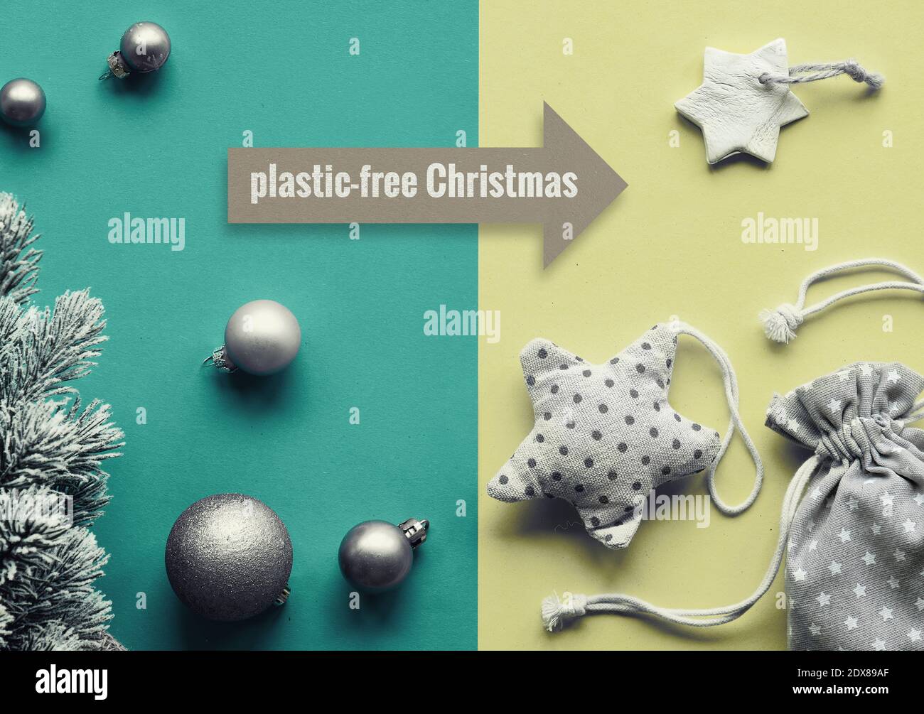 Kunststofffreies Weihnachtskonzept. Wechseln Sie vom Plastikspielzeug zu nachhaltigen Weihnachtsdekorationen mit natürlichen Materialien. Flach liegend, Draufsicht auf Lagengrün Stockfoto