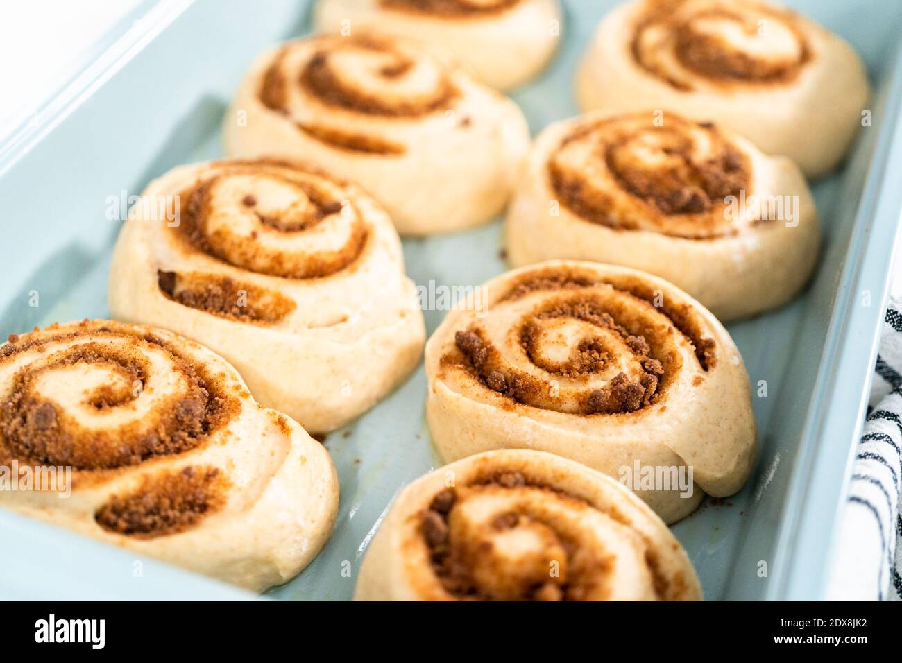 Ungebackene Zimtbrötchen in einer blauen Backform. Stockfoto