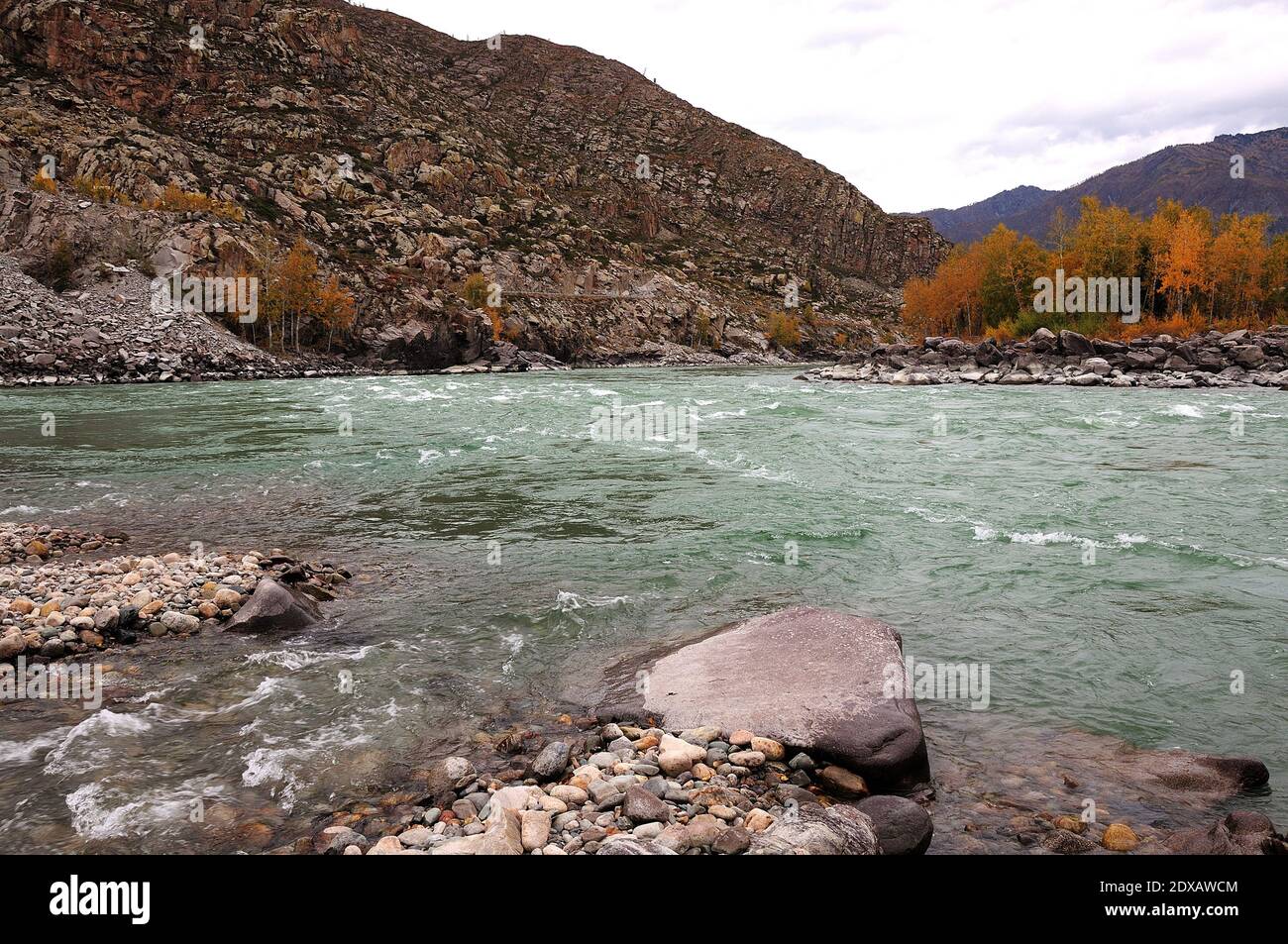 Der Ort, an dem ein kleiner Gebirgsfluss in einen turbulenten Strom mündet, der am Hang eines hohen Berges liegt. Zusammenfluss von Katun und Big Yaloman, Altai Stockfoto