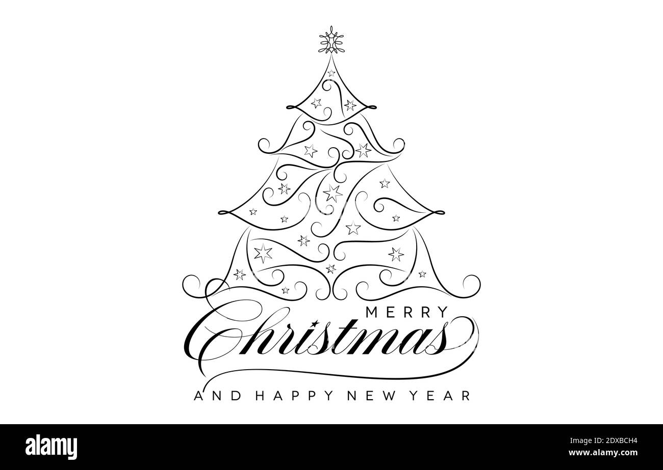 Frohe Weihnachten & Frohes neues Jahr monochromes Design, Monoline Merry christmas Tree Ornament, handgezeichnete Schrift für Grußkarten, Banner Stock Vektor