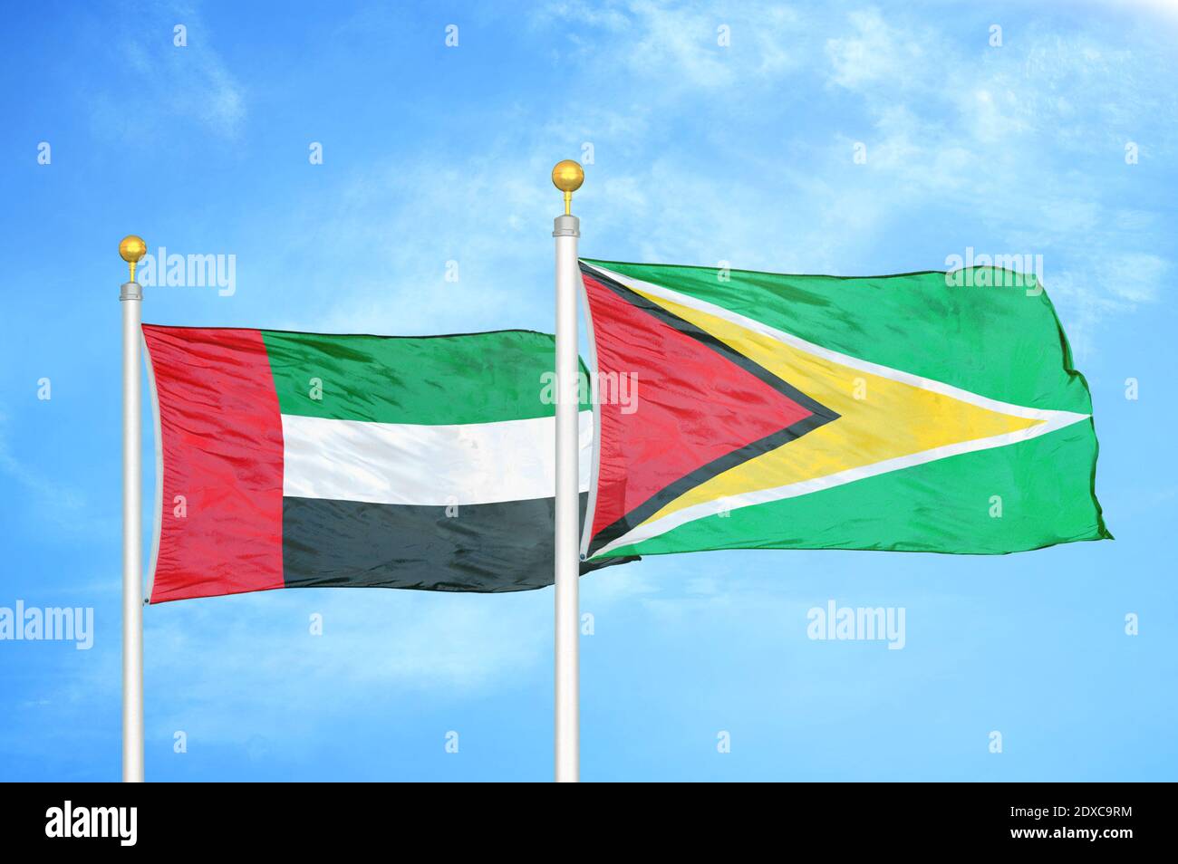 Vereinigte Arabische Emirate und Guyana zwei Flaggen Stockfoto