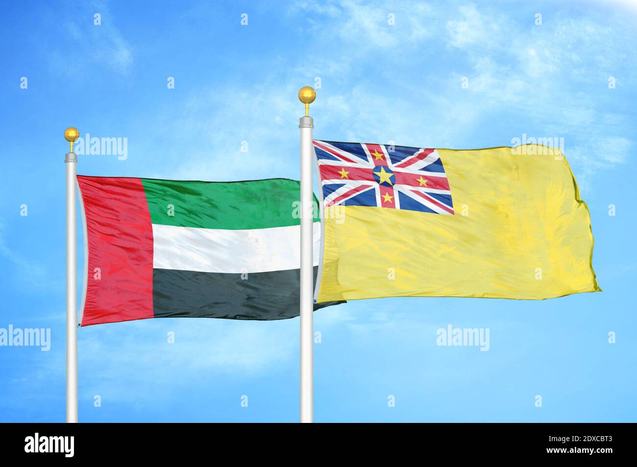 Vereinigte Arabische Emirate und Niue zwei Flaggen Stockfoto