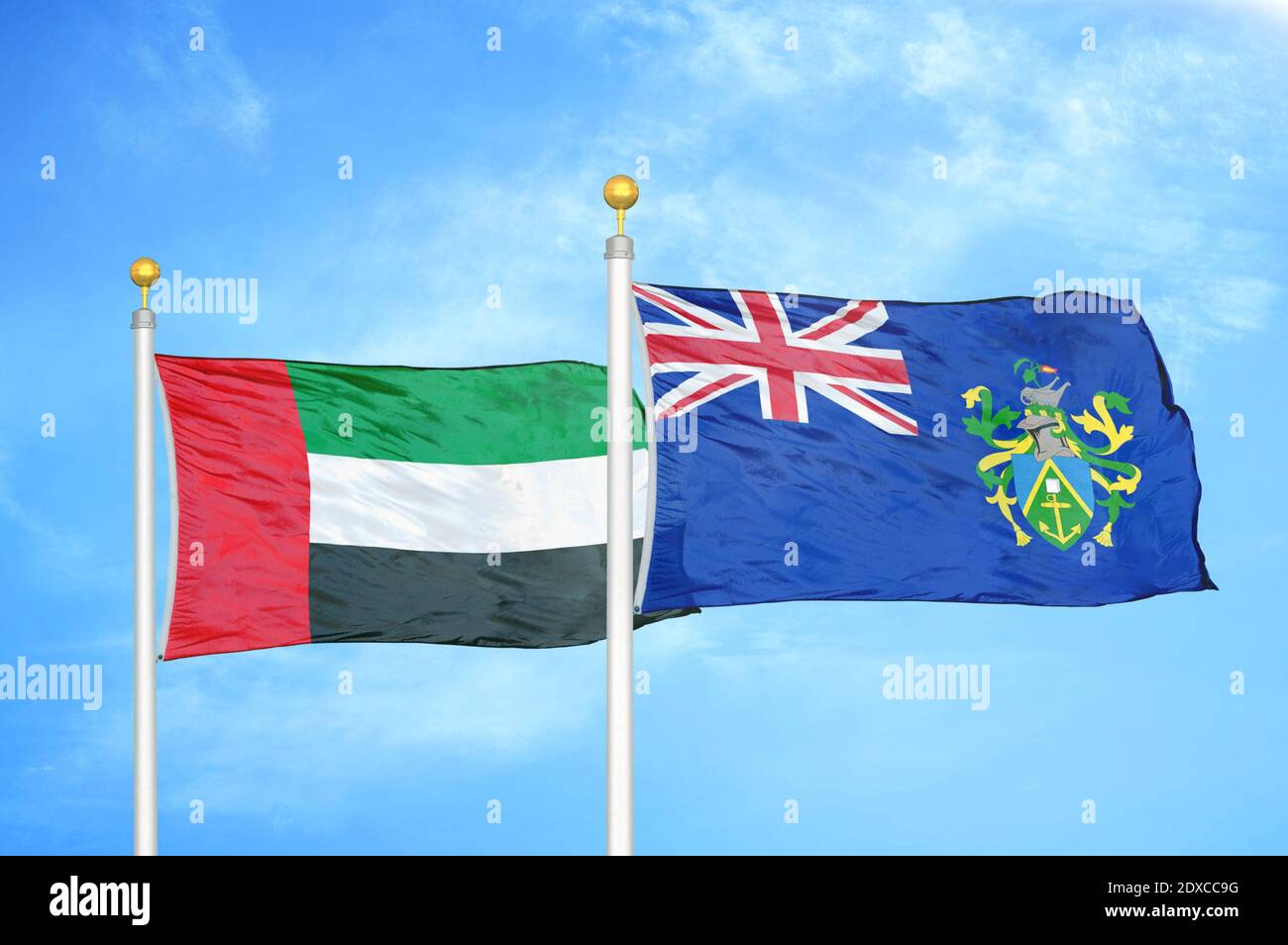 Vereinigte Arabische Emirate und Pitcairninseln zwei Flaggen Stockfoto
