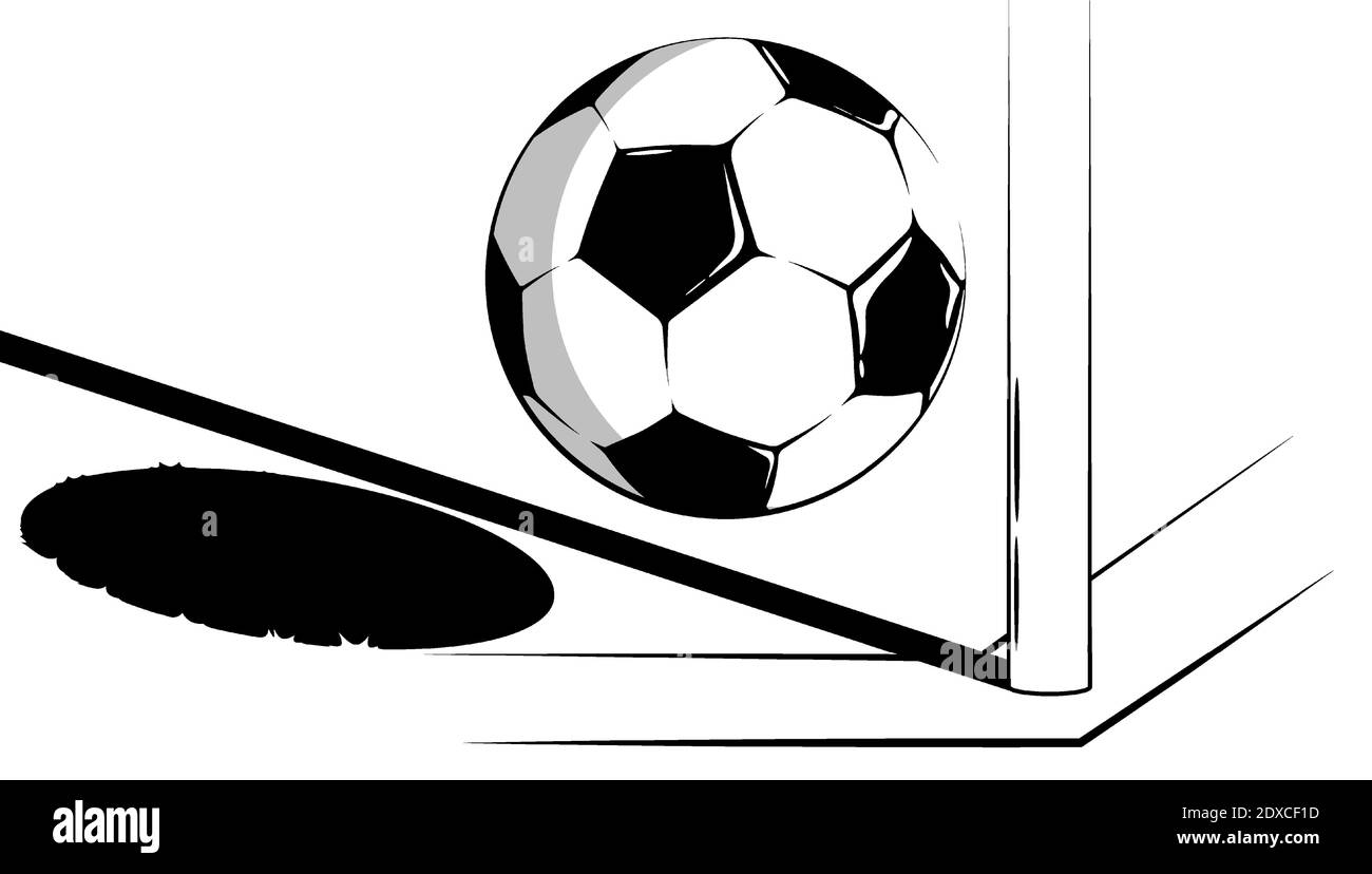 Fußball fliegt in die Eckflagge des Fußballfeldes. Fußballturnier. Sportausrüstung. Hintergrund für Design-Sportwettbewerbe. Schwarz und weiß Stock Vektor