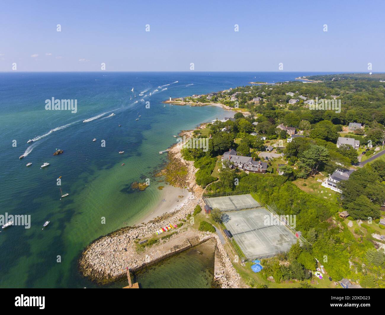 Annisquam Dorf Küstenlinie Luftaufnahme in der Nähe Wingaersheek Beach in der Stadt Gloucester, Cape Ann, Massachusetts, MA, USA. Stockfoto
