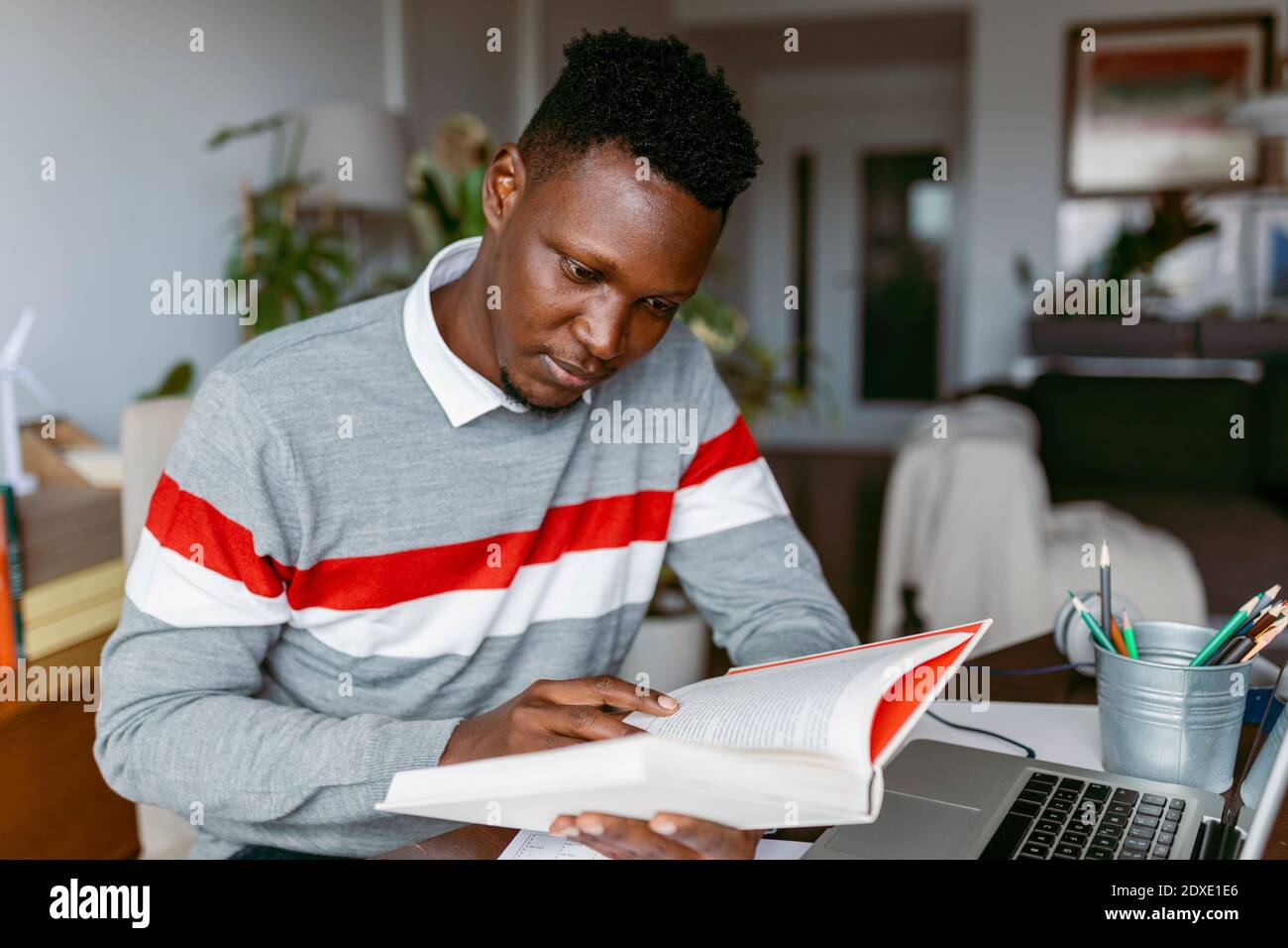 Männlicher Unternehmer liest Buch sitzend von Laptop zu Hause Stockfoto