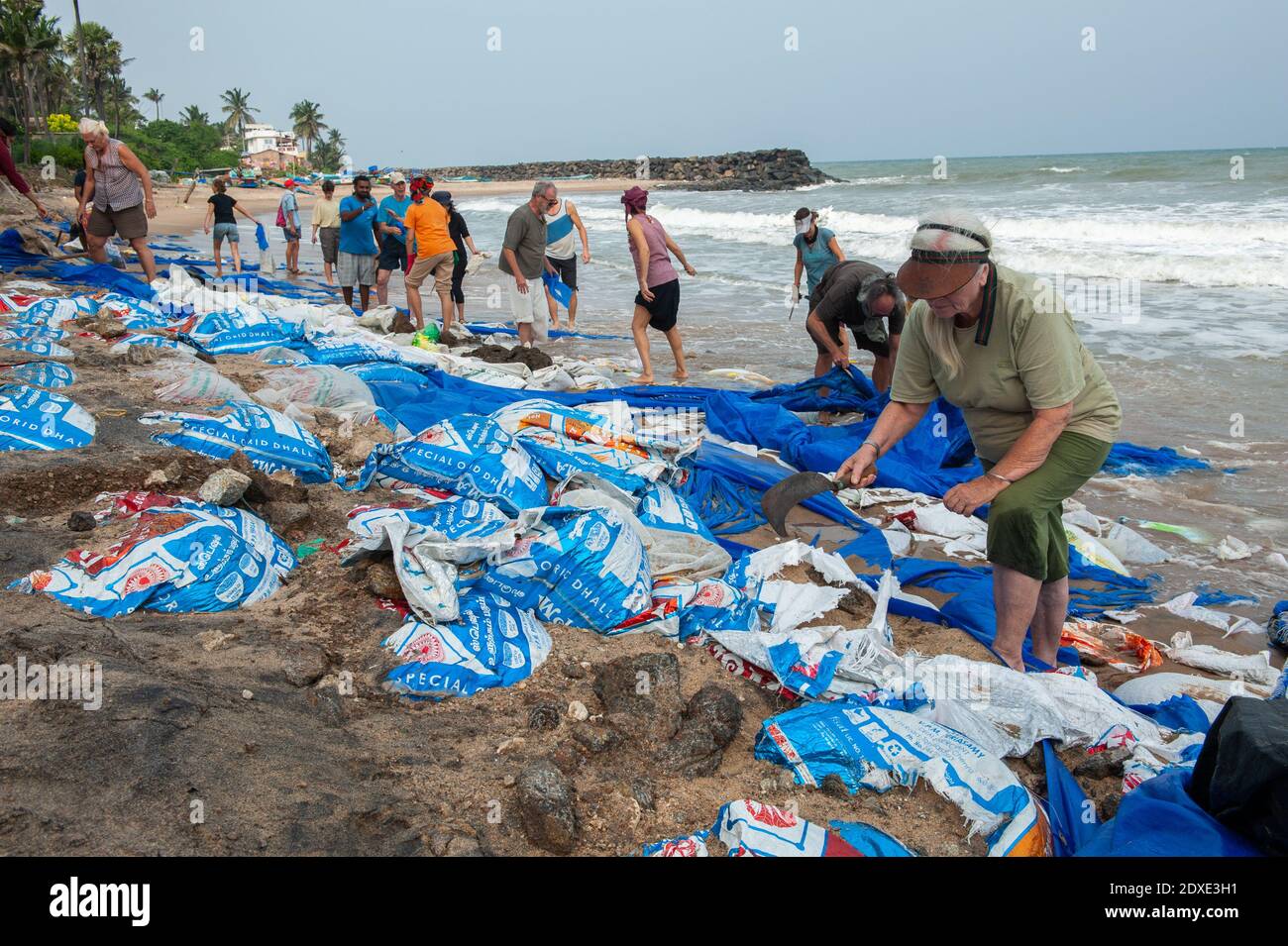 AUROVILLE, INDIEN - Dezember 2020: Tag der Reinigung, um Plastik zu entfernen, die am Strand als Schutz gegen die Meereserosion zurückgelassen wurden Stockfoto
