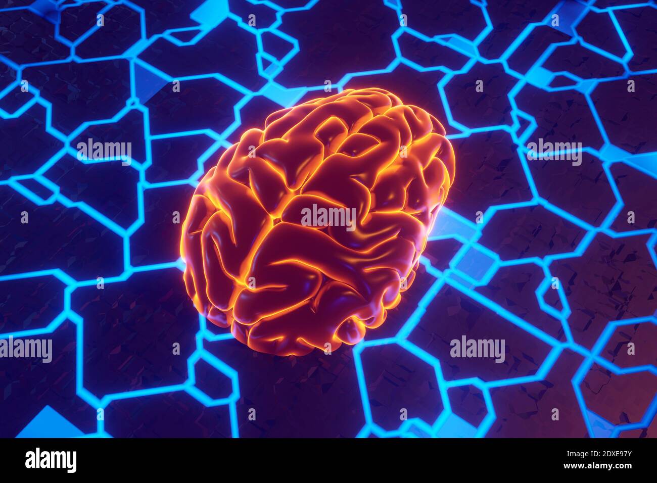 3D gerenderte Darstellung des Gehirns auf der Leiterplatte, die Maschine symbolisiert Lernalgorithmen Stockfoto