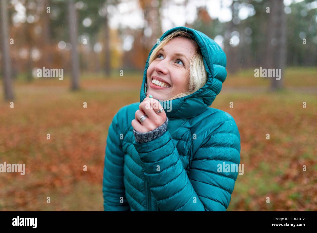 Glückliche Frau, die den Kopf bedeckt, während sie im Regen nass wird Cannock Chase Stockfoto