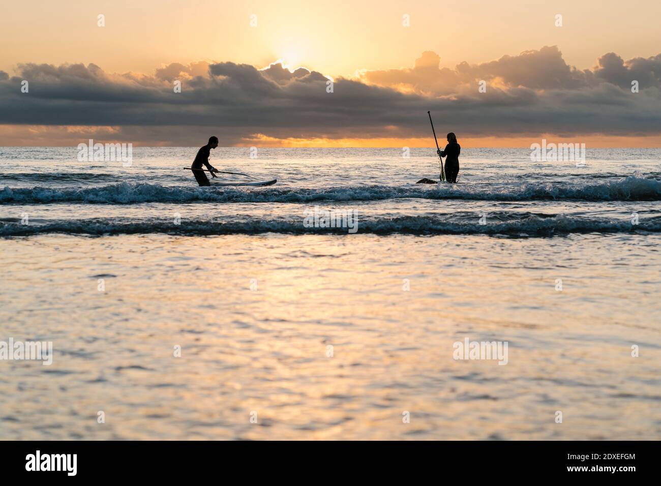 Freunde surfen mit dem Paddleboard auf dem Meer gegen den Himmel in der Dämmerung Stockfoto