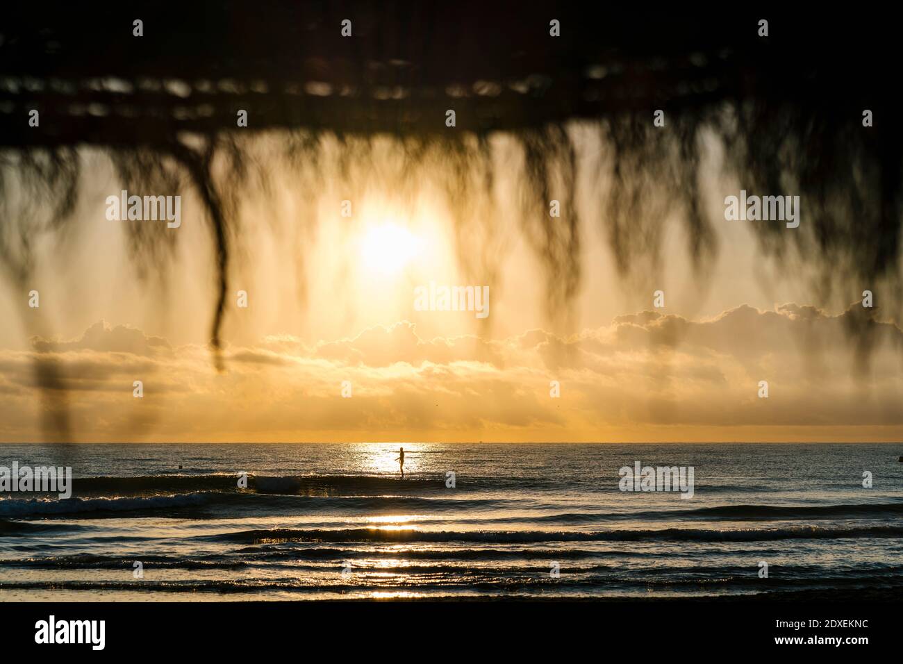 Fernansicht der Silhouette Frau paddeln auf dem Meer während Sonnenaufgang Stockfoto