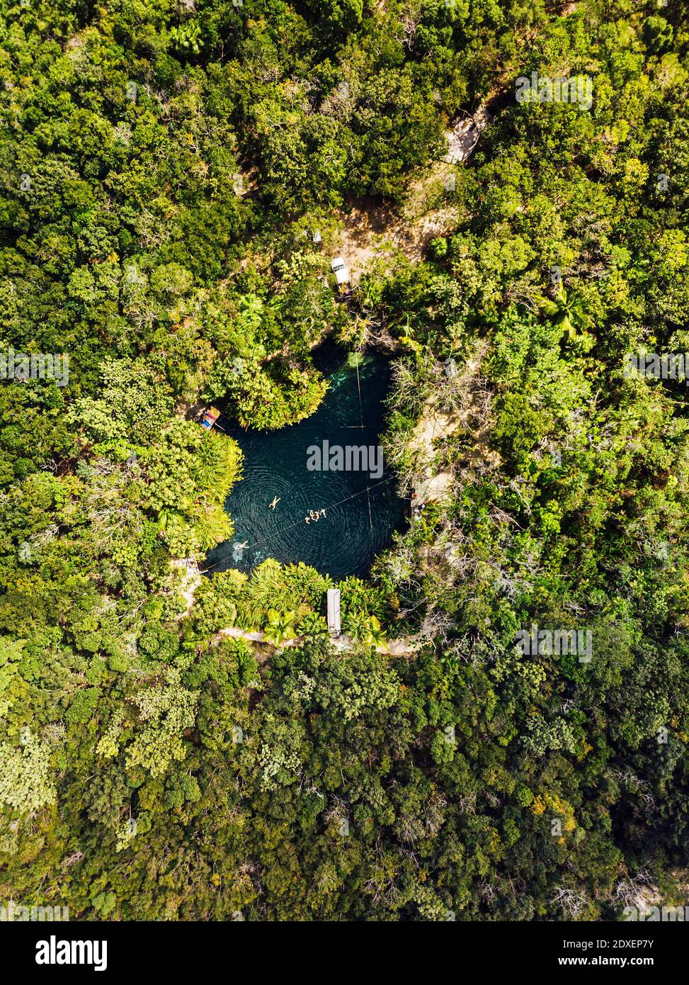 Luftaufnahme von Cenote umgeben von grünen üppigen Dschungel Stockfoto
