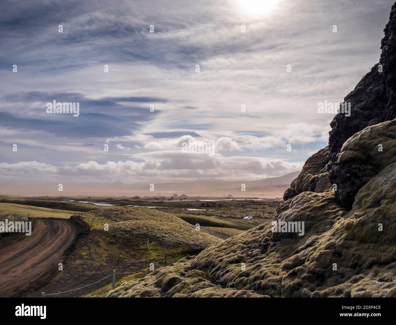 Ruhige Landschaft mit Sandsturm gegen Himmel, Lakagigar, Island Stockfoto