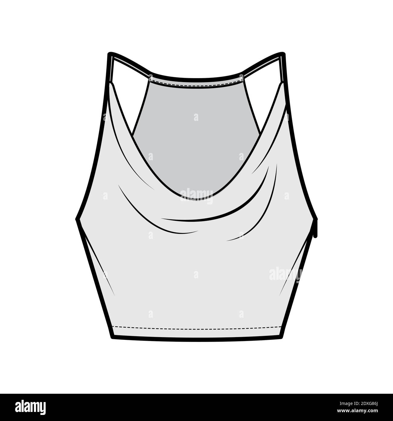 Tank Low Cowl Crop Camisole technische Mode Illustration mit dünnen verstellbaren Trägern, Slim Fit, Taille Länge. Flach nach außen oben Schablone vorne, grau. Frauen Männer Unisex CAD mockup Stock Vektor