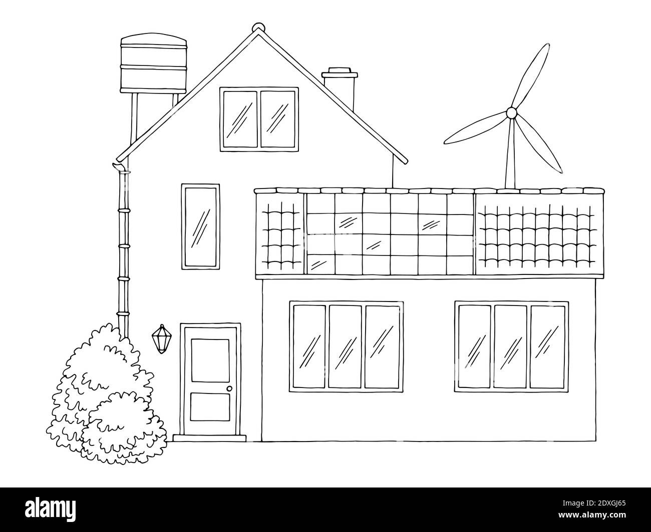 Eco Haus außen Gebäude Grafik schwarz weiß Skizze Illustration Vektor Stock Vektor