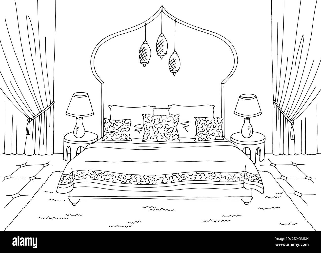 Schlafzimmer Grafik schwarz weiß arabisch Haus Interieur Skizze Illustration Vektor Stock Vektor