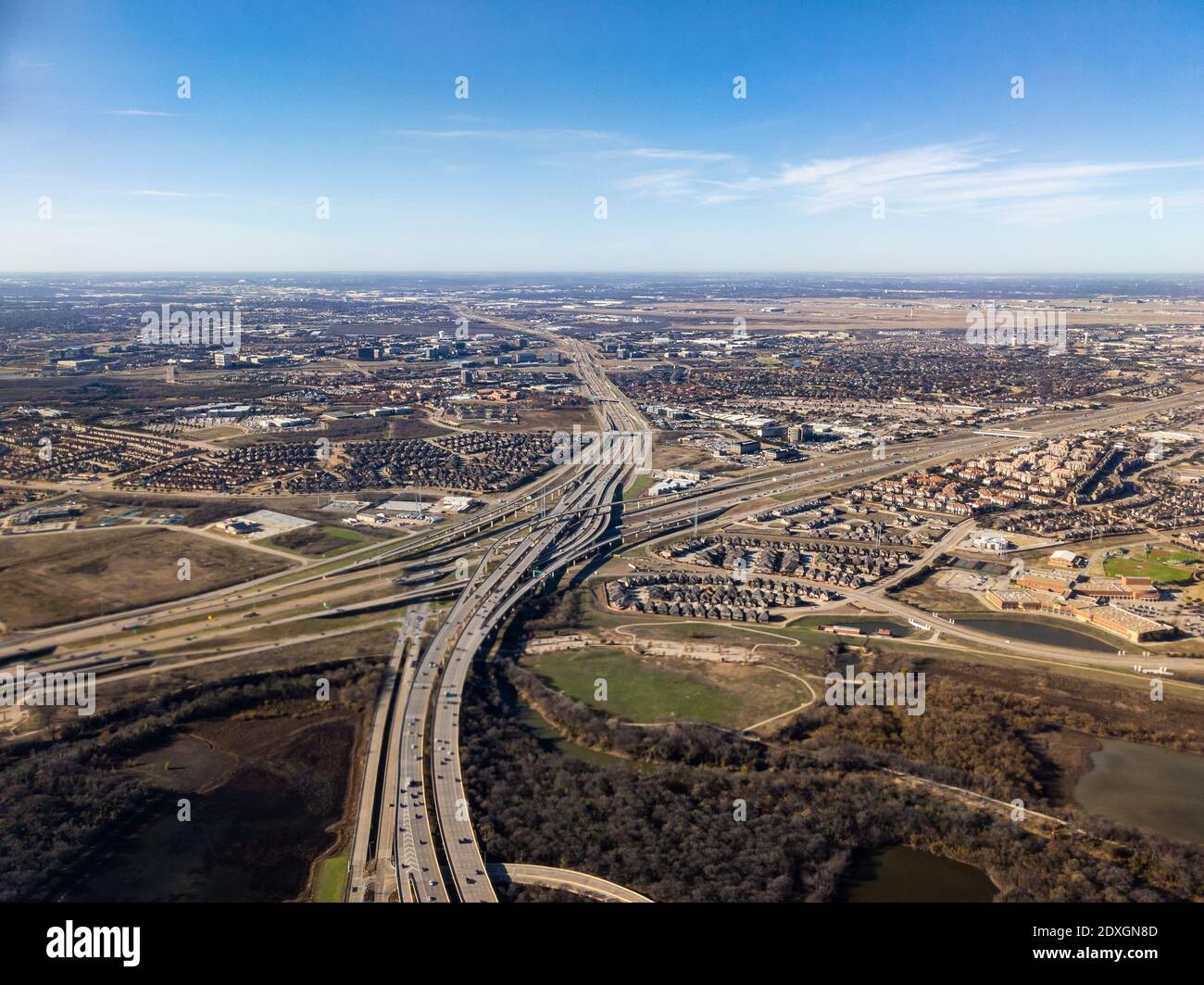 Luftaufnahme der überlappenden Highways in Dallas, Texas Stockfoto