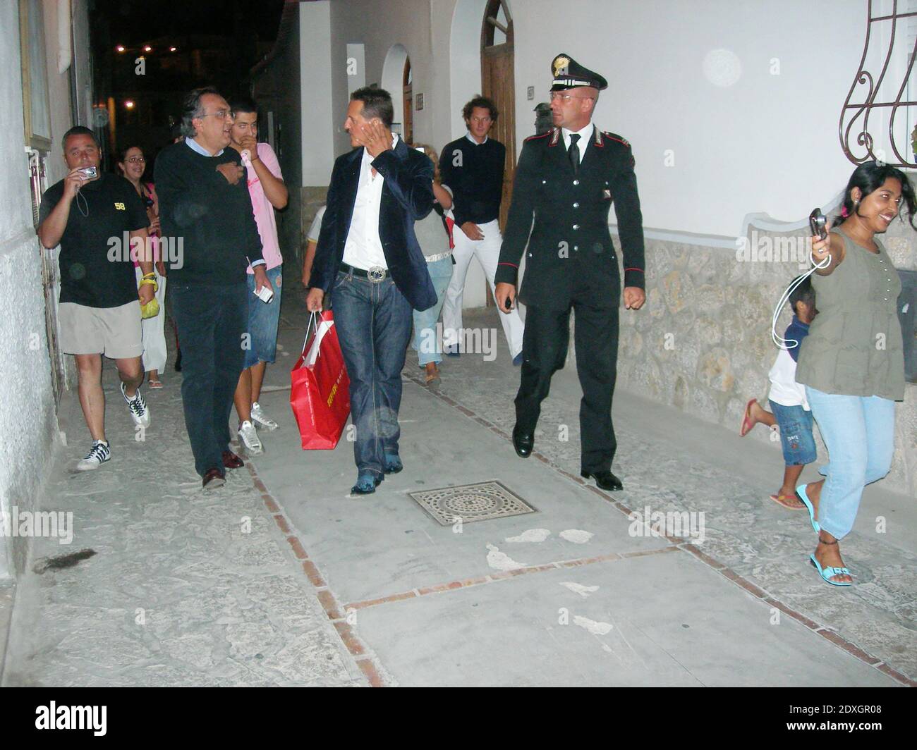 Michael Schumacher, Corinna Betsch, Mick Schumacher, Sergio Marchionne und John Elkann in Capri, Italien, 2007 Stockfoto