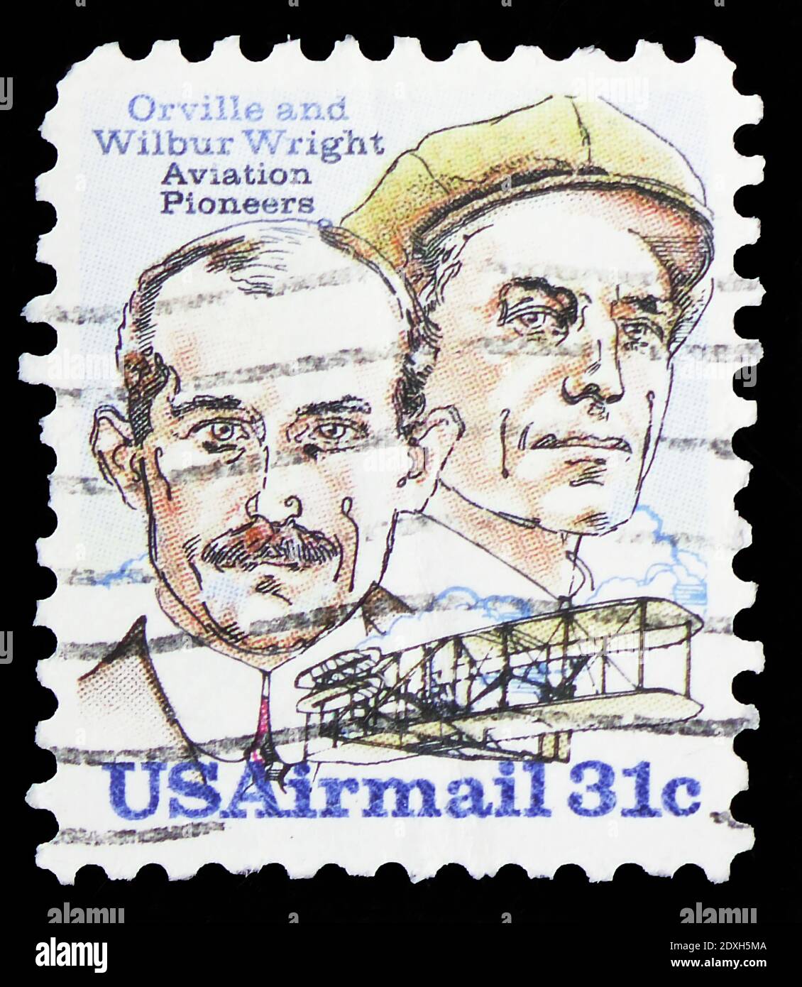 MOSKAU, RUSSLAND - 30. MÄRZ 2019: Eine in den Vereinigten Staaten gedruckte Briefmarke zeigt Orville und Wilbur Wright und Flyer A, Wright Brothers Issue Serie, um 197 Stockfoto