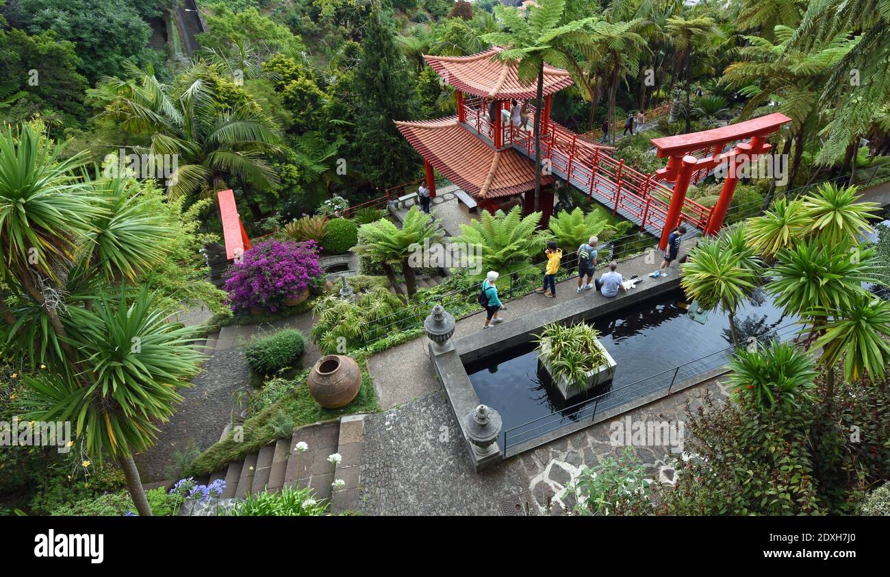 Monte Palace Tropical Japanische Gärten Pagode und Teich. Stockfoto