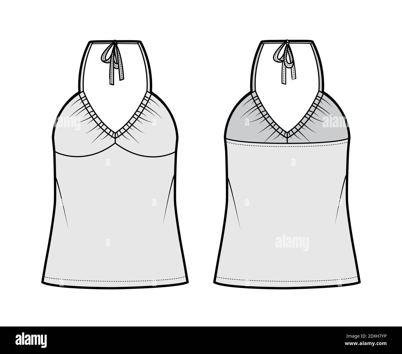 Top V-Ausschnitt Halfter Tank technische Mode-Illustration mit Empire-Naht, dünnen Tunika, überdimensioniert, Schleife, Tunika Länge. Flach nach außen Schablone vorne, hinten, grau. Frauen Männer Unisex CAD mockup Stock Vektor