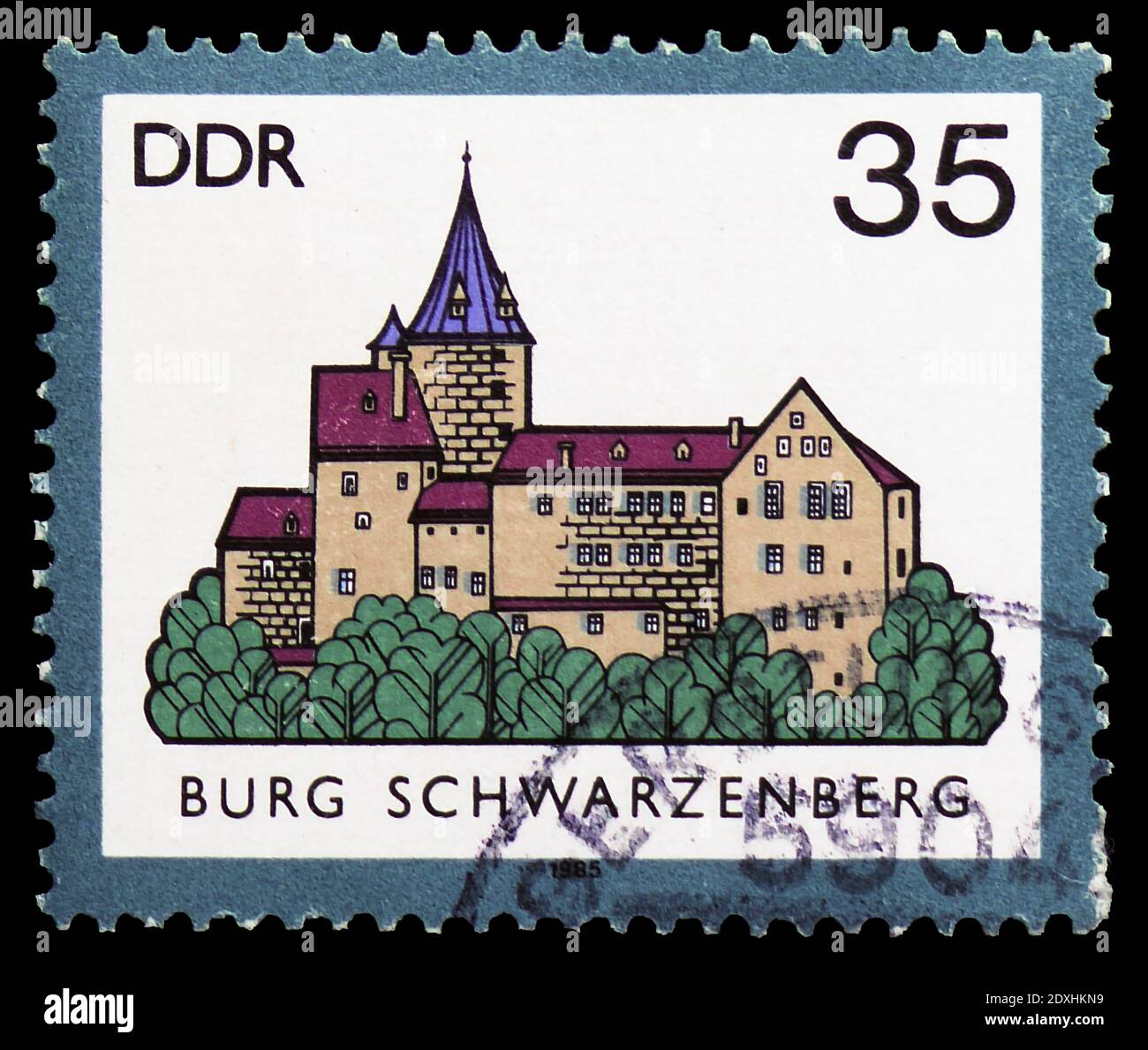 MOSKAU, RUSSLAND - 23. MÄRZ 2019: Briefmarke gedruckt in Deutschland, Demokratische Republik zeigt Schwarzenberg, Schlösser der DDR-Serie, um 1985 Stockfoto