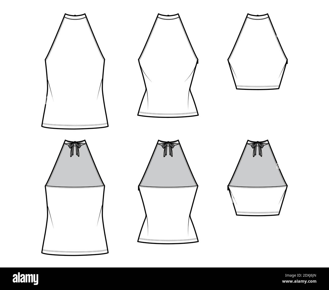 Set von Tops High Neck Halfter Tanks technische Mode Illustration mit Schleife, schlank, übergroße Passform, Taille, Crop Länge. Flach außen Bekleidungsschablone vorne, hinten, weiße Farbe. Frauen Männer CAD Mockup Stock Vektor