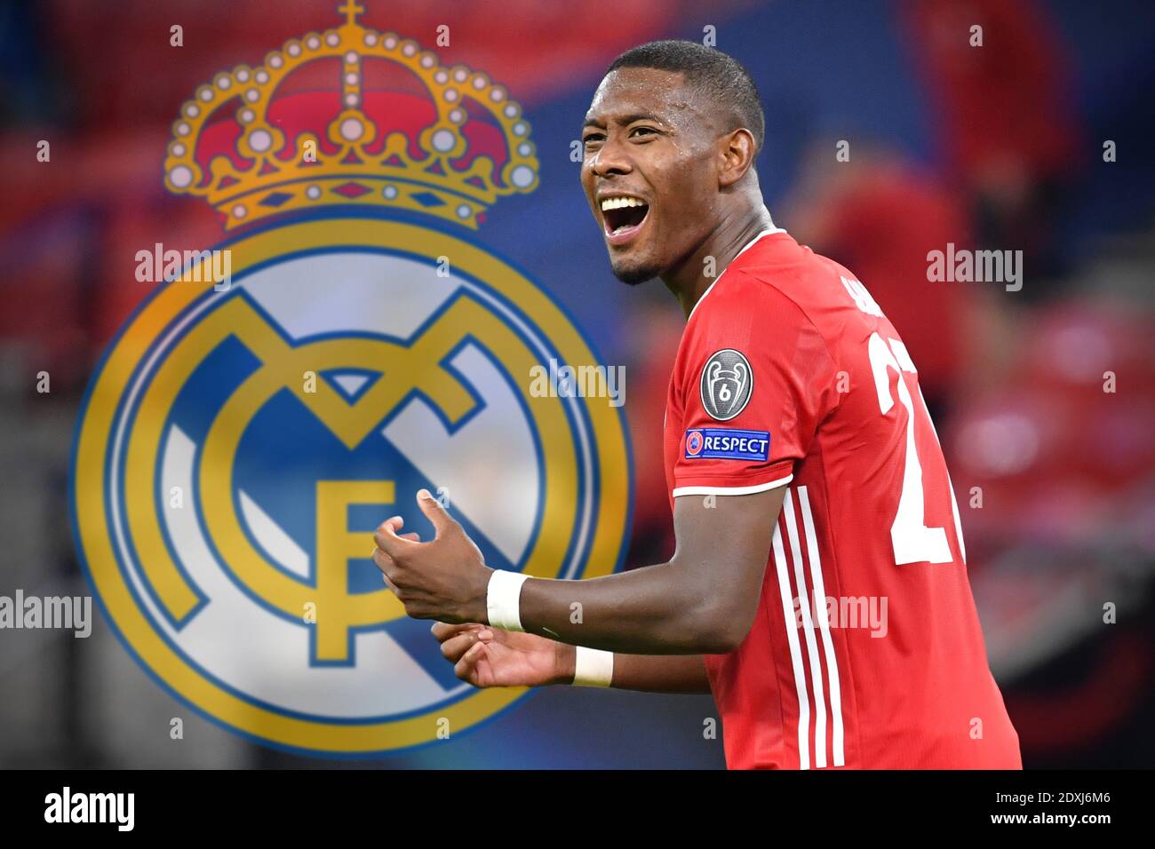 Budapest, Ferenc Puskas Stadion. September 2020. FOTOMONTAGE: Bayern-Star will im Sommer gehen Alaba Poker geht in die heiße Phase - Real Madrid hat wohl die besten Karten. Archivfoto; David ALABA (FC Bayern München), Geste, Aktion, Einzelbild, getrimmt Einzelmotiv, Halbfigur, Halbfigur. Fußball UEFA Super Cup 2020 FC Bayern München-FC Sevilla 1-2 NV am 24. September 2020 in Budapest, Ferenc Puskas Stadion. â Nutzung weltweit Credit: dpa/Alamy Live News Stockfoto